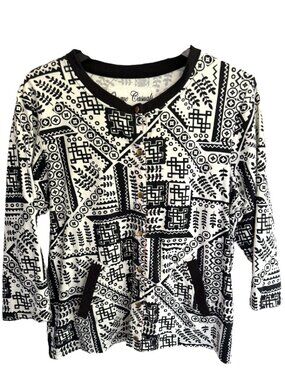 Vintage Onque Casuals Black White Tribal Geo Cardigan ¾ Sleeve Pockets Sz XL
